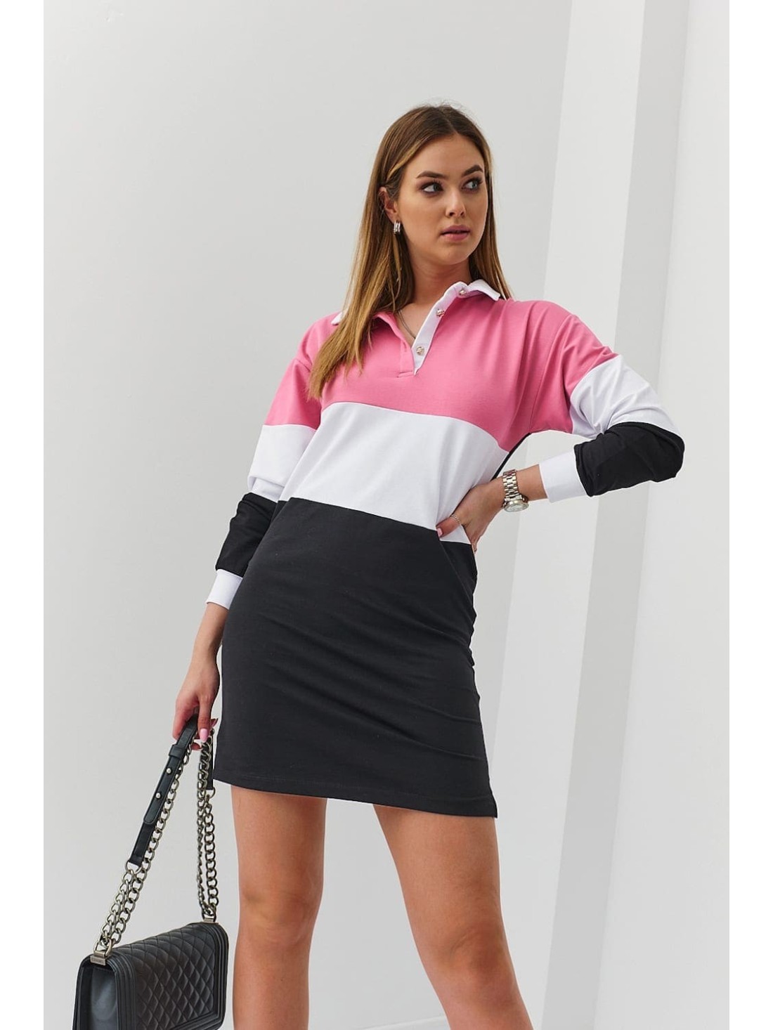 Women\'s sweatshirt dress with polo collar, dark pink FI648 - Online store - Boutique